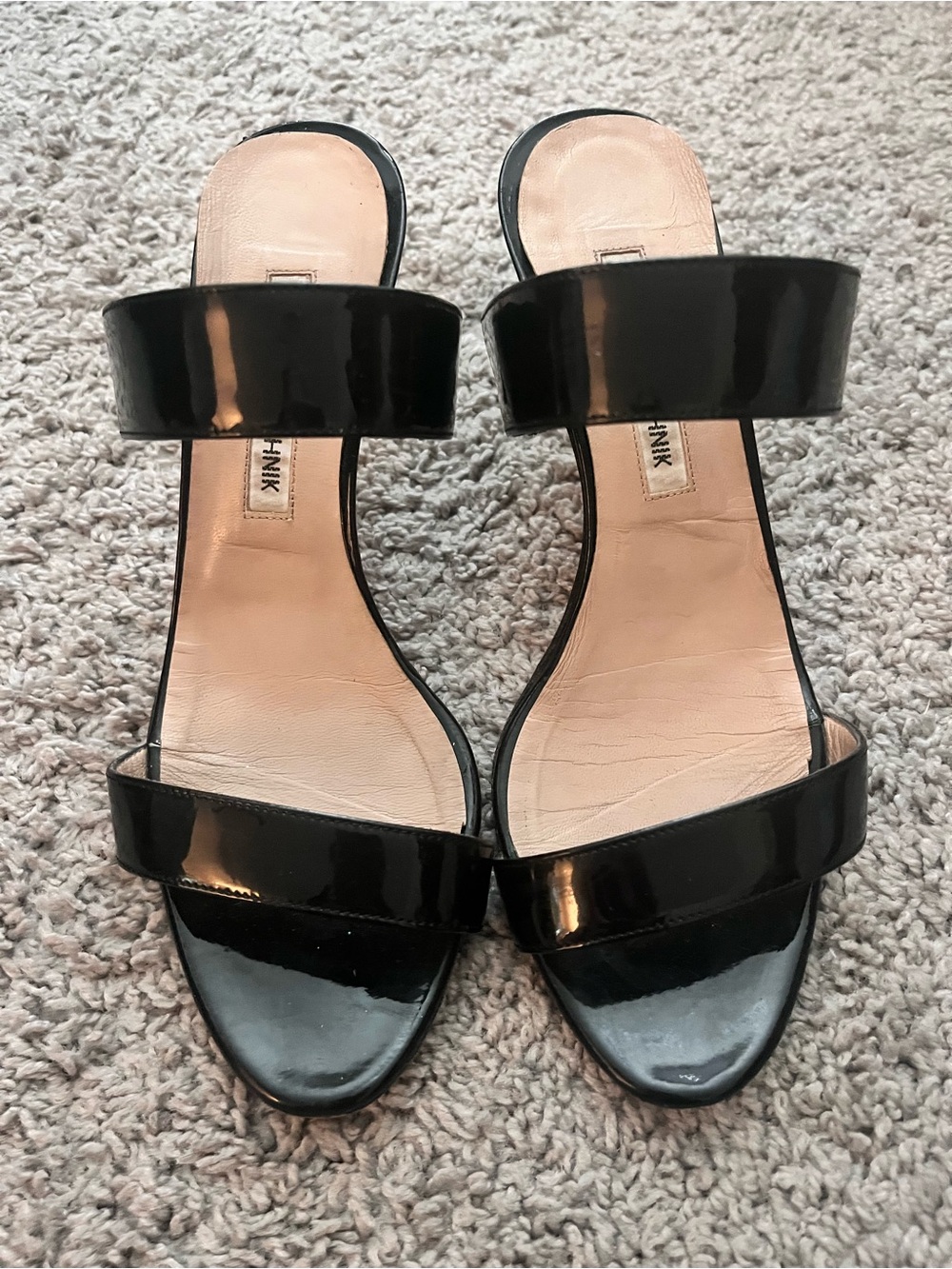 Manolo Blahnik Black Patent Leather Double Strap Mule Heels - Size 37.5